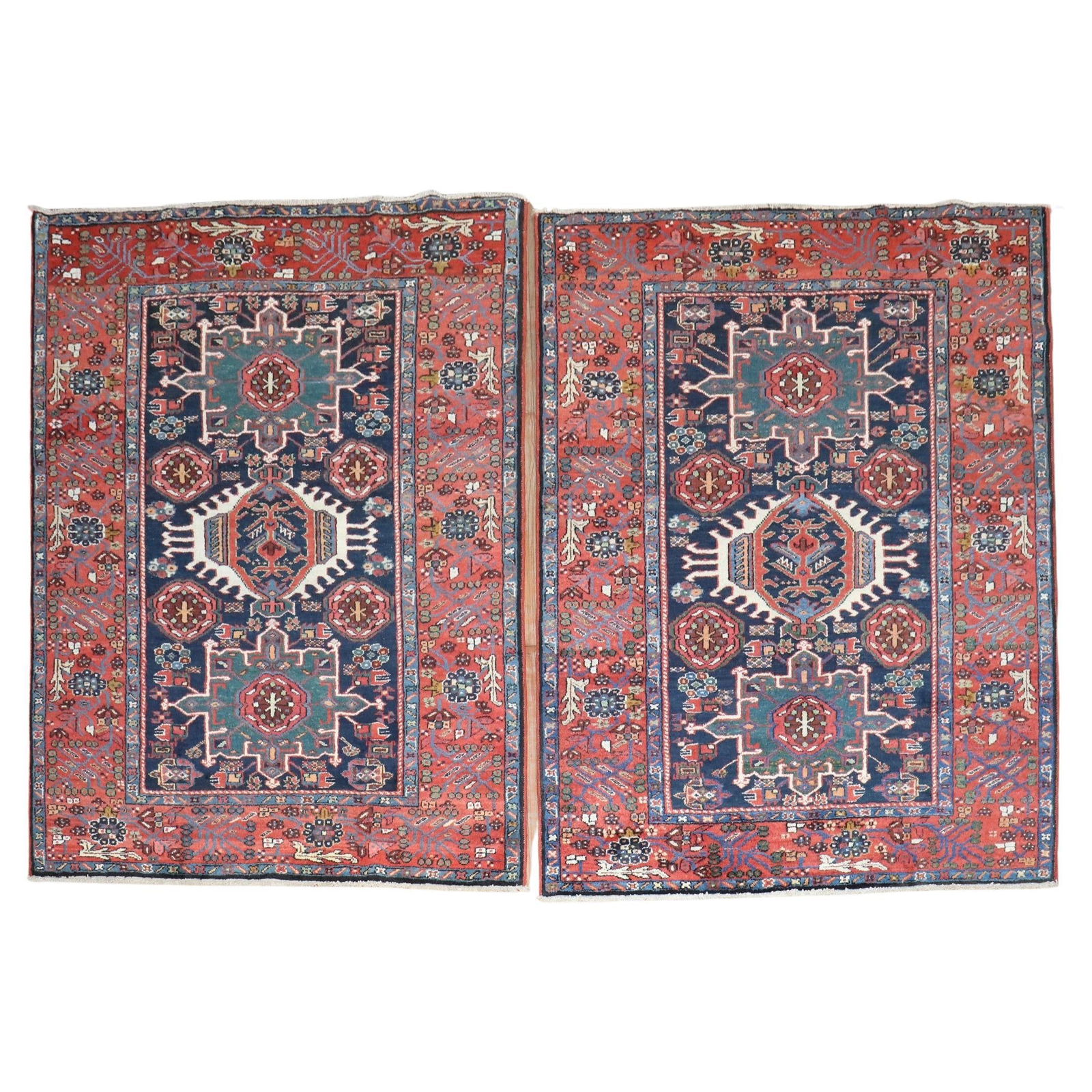 Pair of Antique Navy Heriz Accent Rugs Set of 2 Wool Hand-Knotted: Pair of Antique Navy Heriz Accent Rugs Set of 2 Wool Hand-Knotted Enhance your space with this stunning pair of antique navy Heriz accent rugs, showcasing exquisite Chinoiserie style. Hand-knotted fro