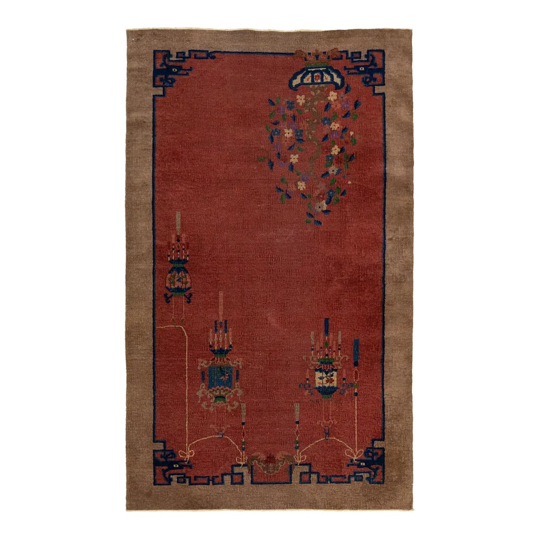 Antique Chinese Art Deco Wool Rug 4' x 6'9" Red Floral Motif: Antique Chinese Art Deco Wool Rug 4' x 6'9" Red Floral Motif This antique Chinese Art Deco rug from the 1920s features a vibrant red field bordered by chocolate brown and is adorned with intricate flo