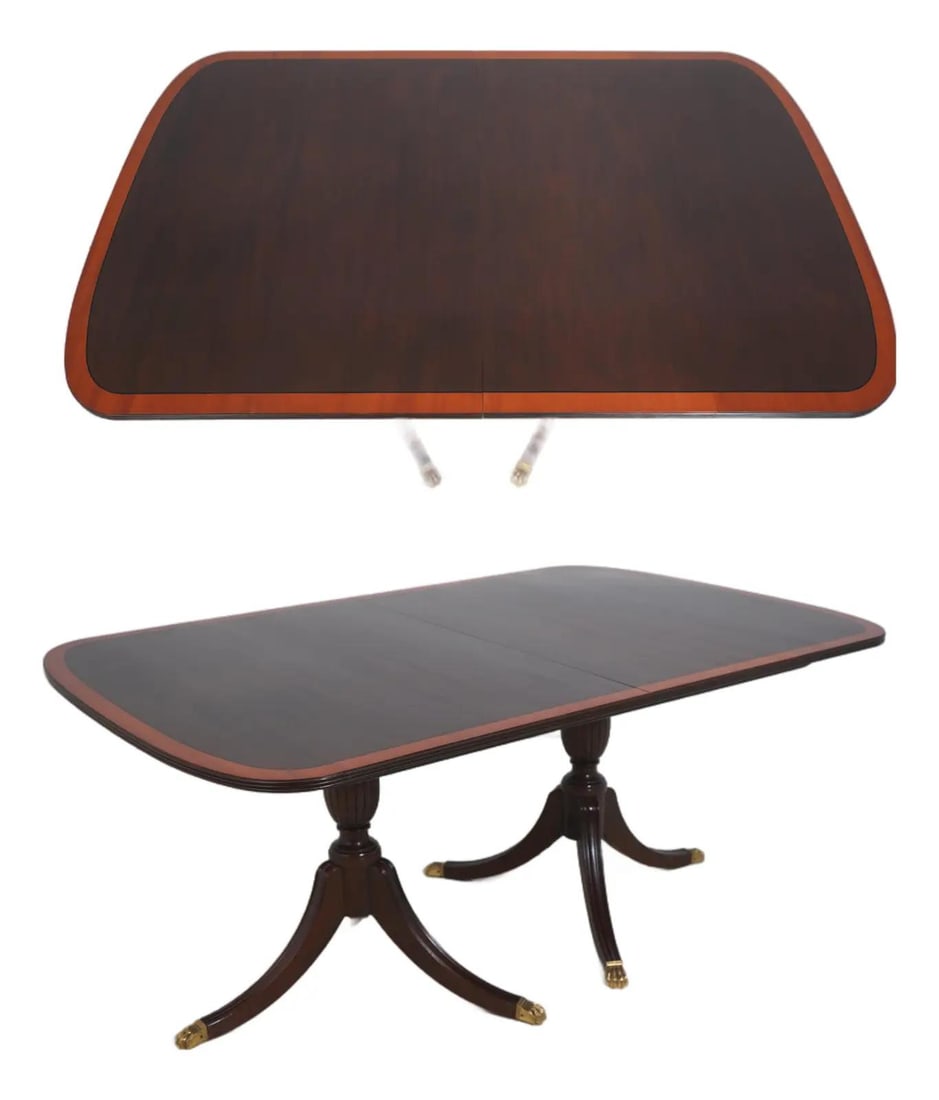 Mahogany Georgian Style Dining Table With Satinwood Border And Duncan Phyfe Pedestals (1 of 10)