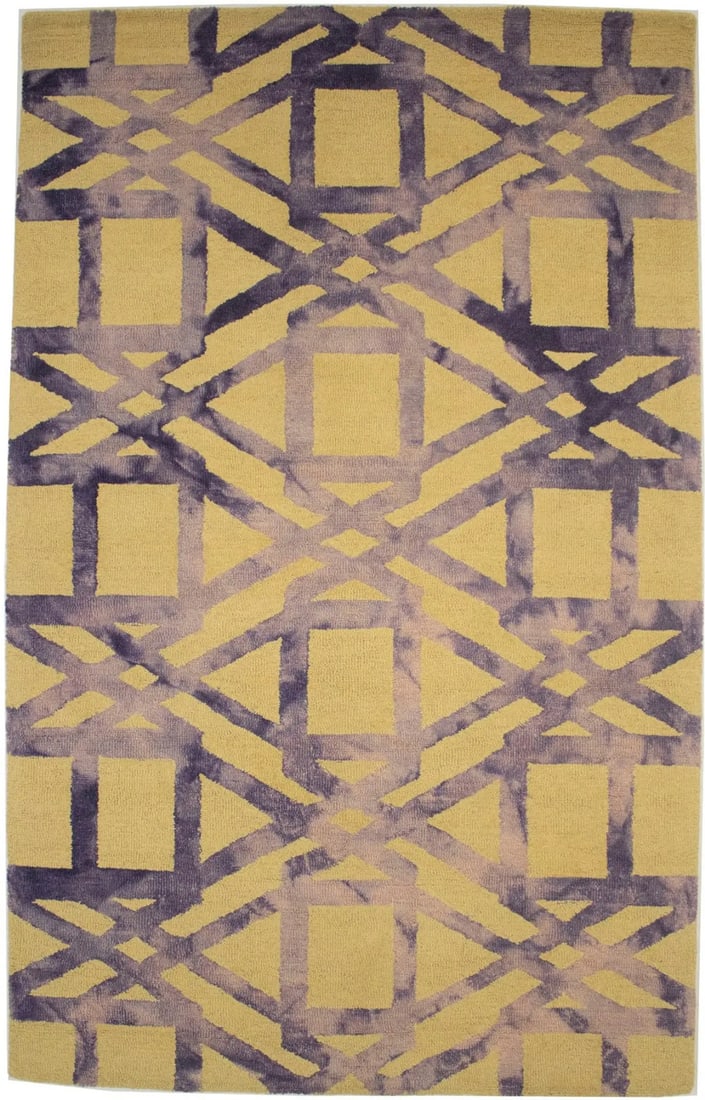 Buff Purple Geometric 5x8 Hand-Tufted Wool Modern Rug: Buff Purple Geometric 5x8 Hand-Tufted Wool Modern Rug Enhance your living space with this Buff & Purple Geometric Design Area Rug. Measuring 5'0" x 8'0", this hand-tufted modern rug showcases a striki