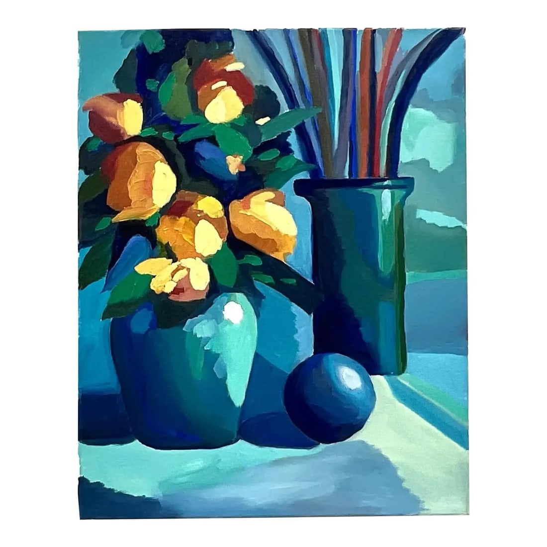 Golden Yellow Flower Still Life Oil on Blue Canvas 16 x 20 Vintage: Golden Yellow Flower Still Life Oil on Blue Canvas 16 x 20 Vintage This vintage still life oil painting on canvas features a vibrant arrangement of golden-yellow flowers set against a bold blue backgr