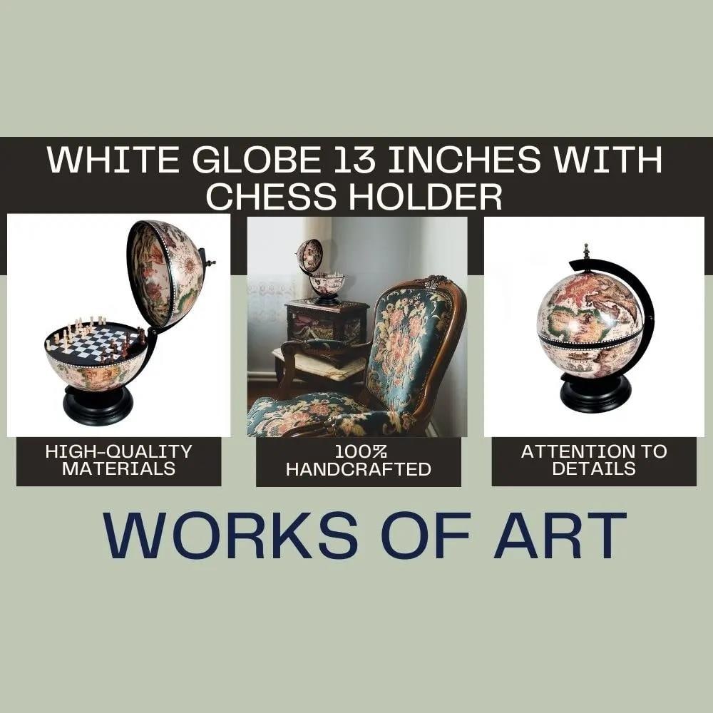 Vintage Style 13 Inch Globe with Wood Base and Chess Holder: Vintage Style 13 Inch Globe with Wood Base and Chess Holder This exquisite 13-inch globe features a sophisticated antique or vintage style, perfect for enhancing your decorative accessories. It stands