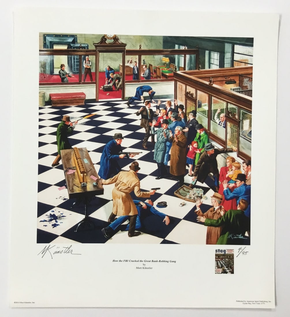 Mort Kunstler FBI Bank Robbery Gang Limited Edition Giclee Print Signed 4/95: Mort Kunstler FBI Bank Robbery Gang Limited Edition Giclee Print Signed 4/95 This captivating piece titled 'FBI Bank Robbery Gang' by renowned artist Mort Kunstler is a limited edition giclee print, b