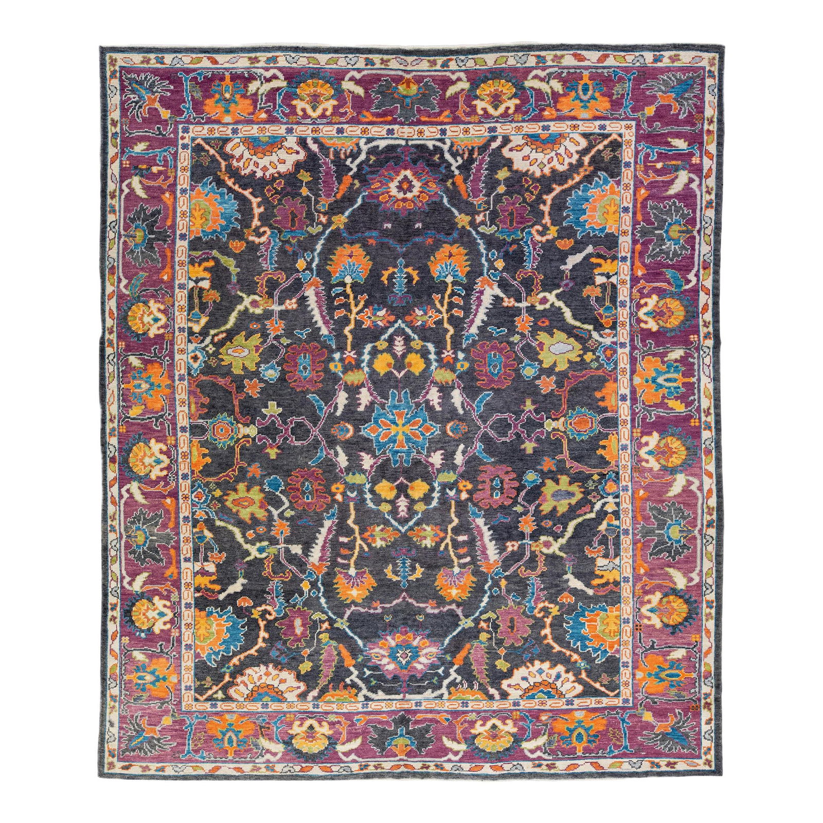 Modern Oushak Floral Wool Rug 10'3 x 12'3 Grey Purple Accents: Modern Oushak Floral Wool Rug 10'3 x 12'3 Grey Purple Accents Discover the elegance of this modern Oushak hand-knotted wool rug, featuring a sophisticated grey field highlighted by a striking purple-d