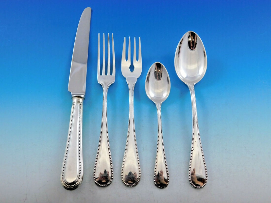 Perles German 800 Silver Flatware Set 65 Pieces Beaded Design with Carrs Knives: Perles German 800 Silver Flatware Set 65 Pieces Beaded Design with Carrs Knives This exquisite flatware set features 65 pieces made of 800 silver, showcasing a timeless beaded design that adds eleganc