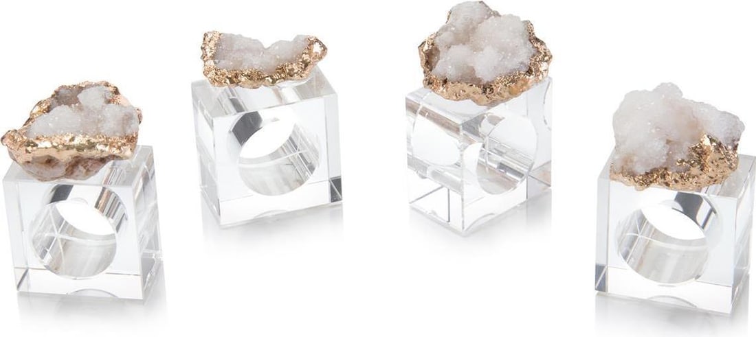 Set of 4 John-Richard Blue Crystal Geode Napkin Rings: Set of 4 John-Richard Blue Crystal Geode Napkin Rings Enhance your dining experience with this luxurious set of four blue crystal geode napkin rings. Each ring showcases a stunning blend of blue, gold