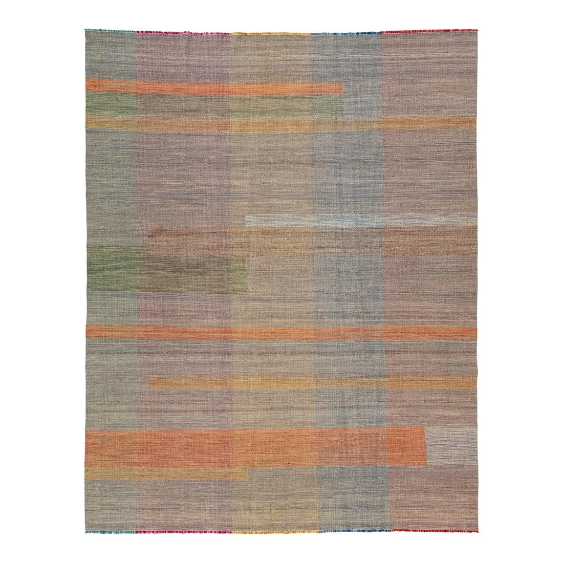 Modern Kilim Wool Rug 10'1" x 13' Geometric Pattern Orange Green Pink: Modern Kilim Wool Rug 10'1" x 13' Geometric Pattern Orange Green Pink Enhance your living space with this stunning Modern Kilim Flatweave Wool Rug, designed with an organic modern aesthetic. The rug f