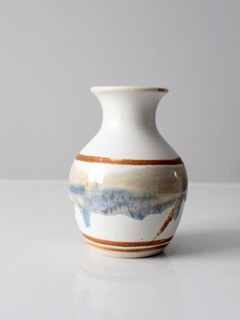 Handmade Vintage Studio Pottery Vase with White Glaze and Blue Design (1 of 10)