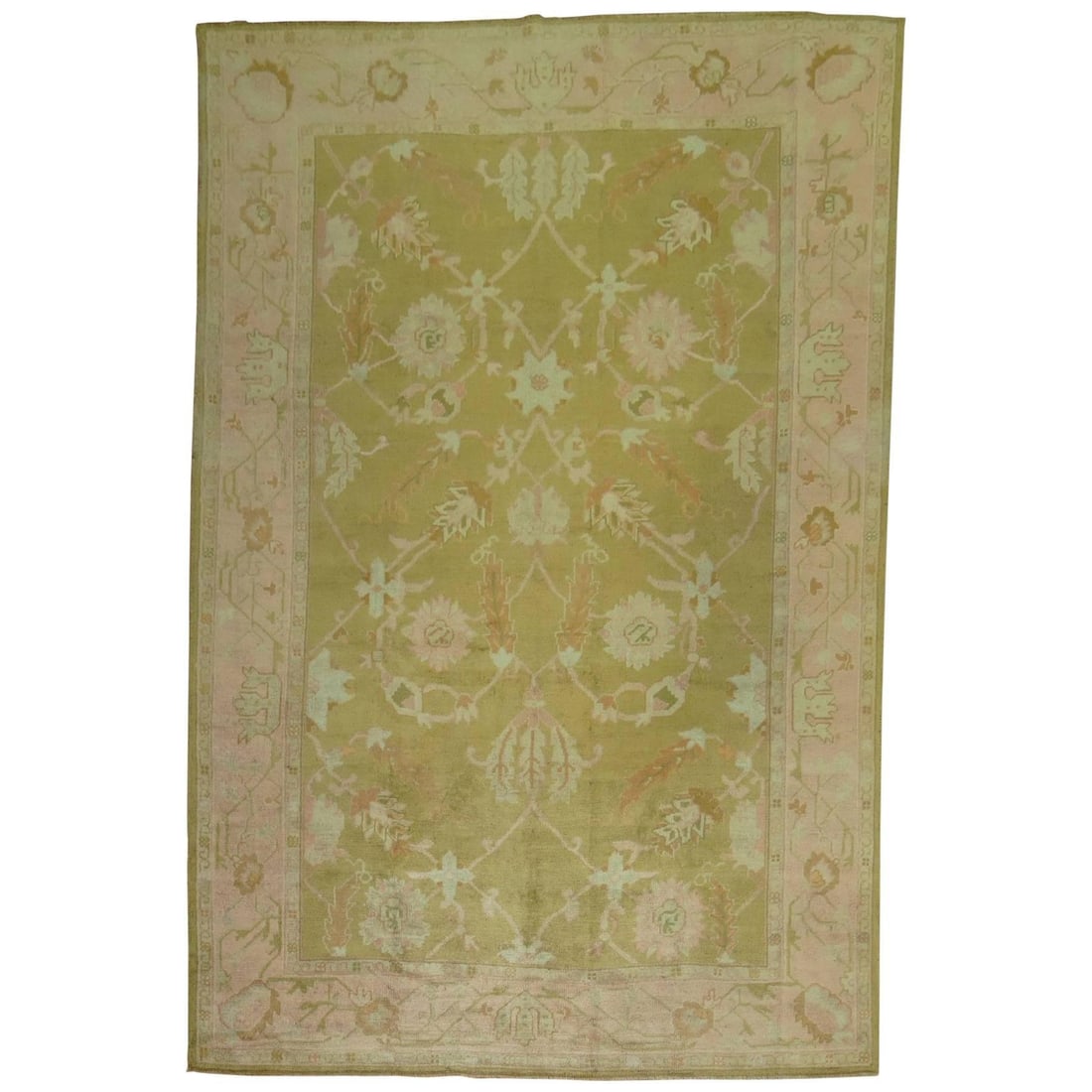 19th Century Light Green Antique Oushak Rug Hand-Woven Turkey 6'3 x 9': 19th Century Light Green Antique Oushak Rug Hand-Woven Turkey 6'3 x 9' This stunning Light Green Antique Oushak rug, crafted in Turkey during the late 19th century (circa 1890), features a captivating