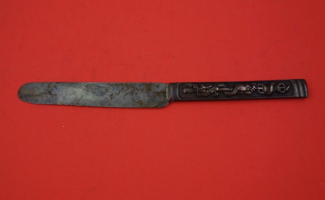 Japanese Sterling Silver Tea Knife with Gold Dragon Bronze Handle 7 3/4 (1 of 2)