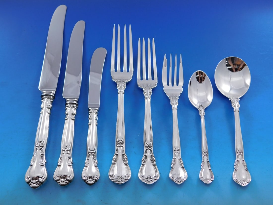Birks Chantilly Sterling Silver Flatware Set for 12 97 Pieces Baroque & Rococo: Birks Chantilly Sterling Silver Flatware Set for 12 97 Pieces Baroque & Rococo Introducing the exquisite Chantilly Flatware Set by Birks, crafted from high-quality sterling silver. This elegant dinner
