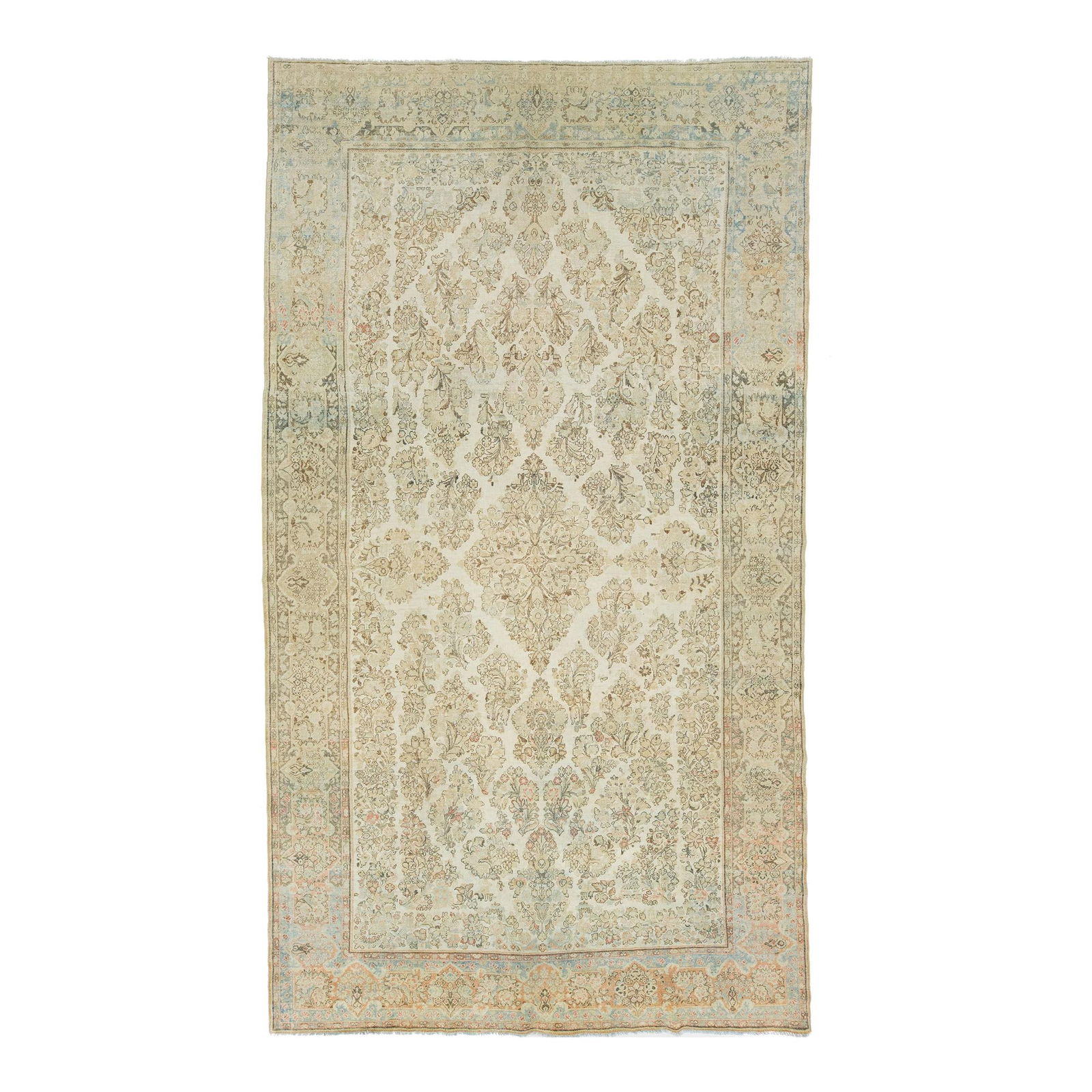 Antique 1900s Mahal Wool Rug Beige Allover Design 9' x 15'5: Antique 1900s Mahal Wool Rug Beige Allover Design 9' x 15'5 Discover the charm of this exquisite antique Mahal hand-knotted rug, crafted from high-quality wool. The captivating beige field features an