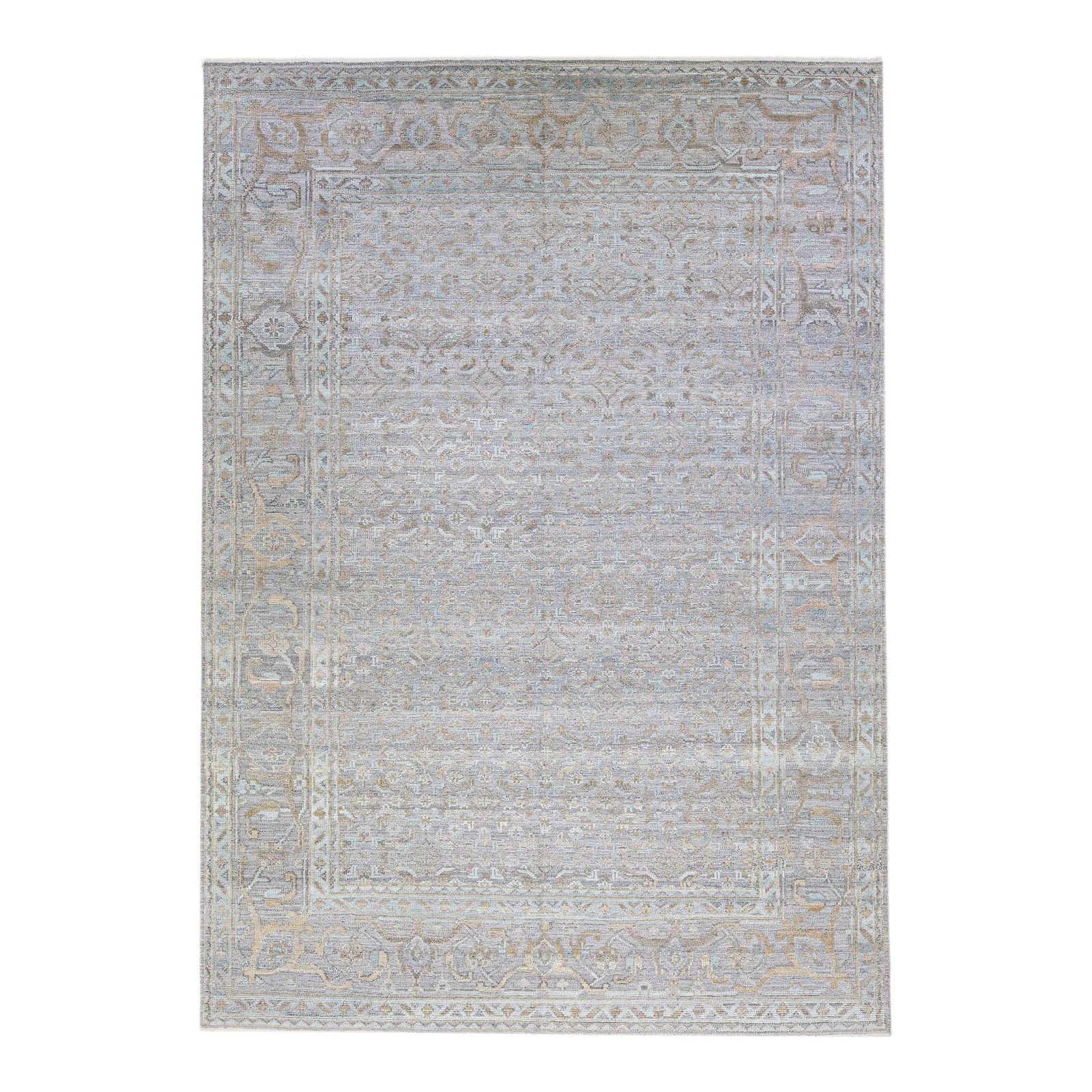 Handmade Transitional Gray Wool Rug 10' x 14' Floral Design: Handmade Transitional Gray Wool Rug 10' x 14' Floral Design Enhance your space with this stunning hand-knotted wool rug, featuring a modern transitional design. The gray field is beautifully complemen