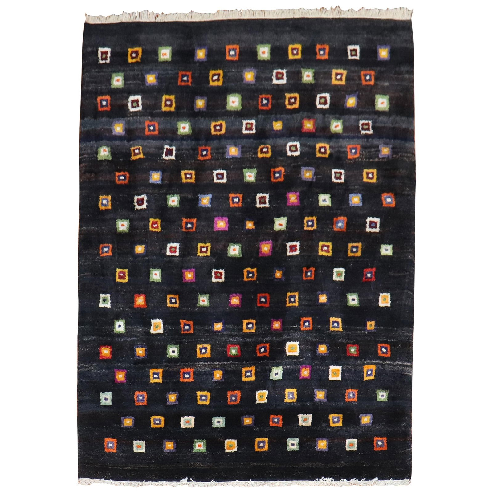 One of a Kind Turkish Hand-Woven Wool Rug Black Box Pattern: One of a Kind Turkish Hand-Woven Wool Rug Black Box Pattern This unique Turkish contemporary rug features a vibrant all-over box square pattern set against a striking black background. Hand-woven from
