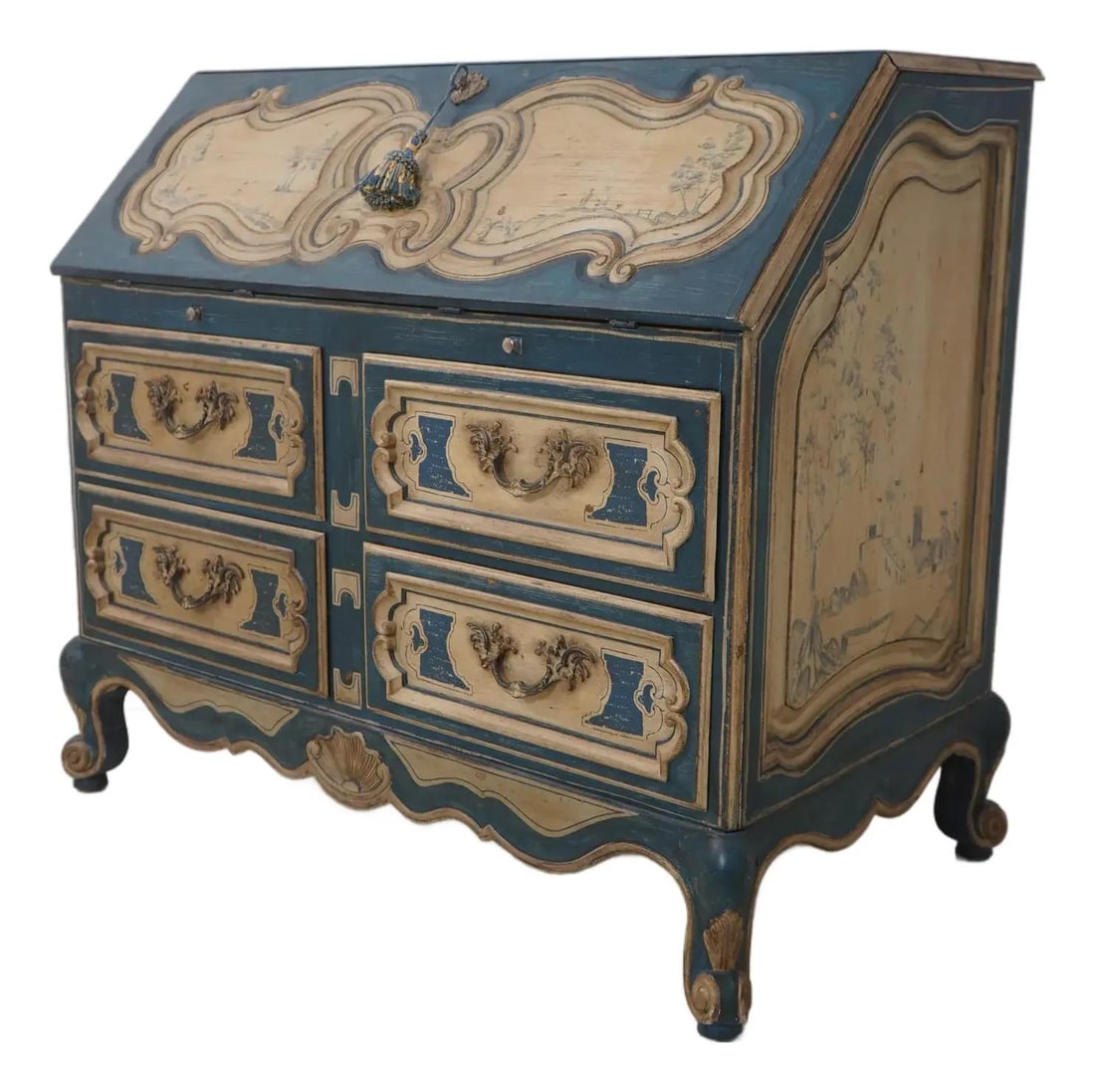 Venetian Style Hand Painted Desk with Queen Anne Legs: Venetian Style Hand Painted Desk with Queen Anne Legs This exquisite Venetian Style Hand Painted Slant Front Desk showcases stunning paint decoration and fine carved details, embodying the elegance of