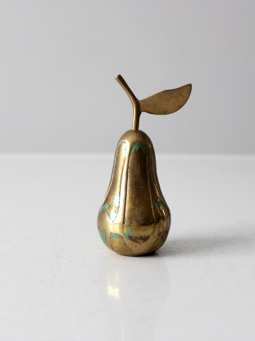 Mid Century Vintage Brass Pear Paperweight with Green Enamel (1 of 8)