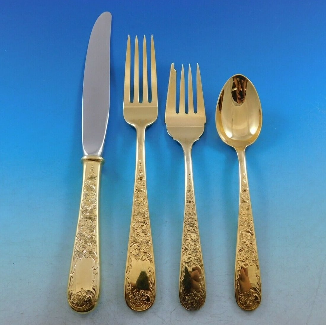 Kirk Old Maryland Engraved Gold Vermeil Sterling Silver Flatware 61 Pieces Set (1 of 10)