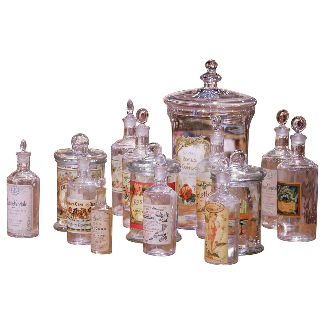 Set of 14 French Glass Pharmacy Jars with Vintage Perfume Labels circa 1960 (1 of 13)