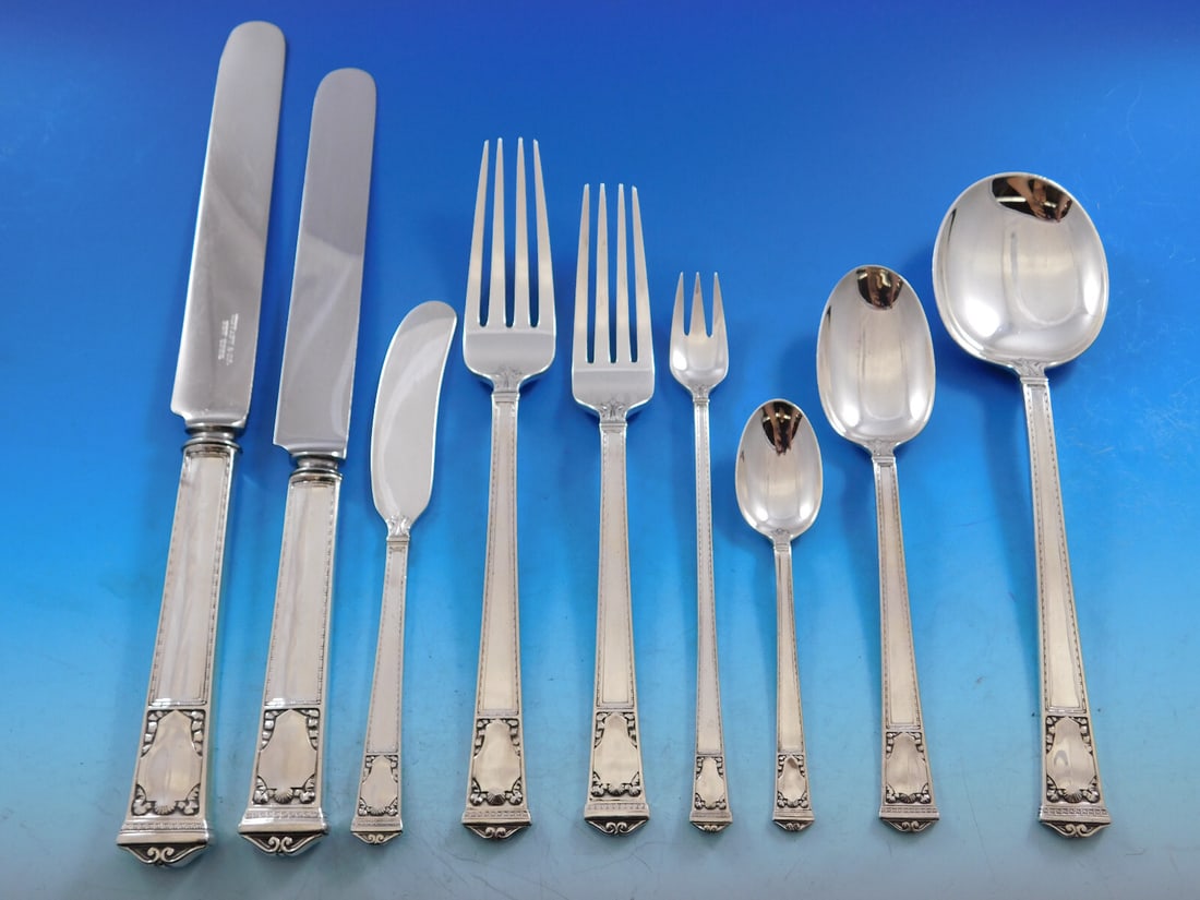 Tiffany & Co San Lorenzo Sterling Silver Flatware Set 111 pcs Art Deco: Tiffany & Co San Lorenzo Sterling Silver Flatware Set 111 pcs Art Deco Elevate your dining experience with the exquisite San Lorenzo Sterling Silver Flatware Service Set by Tiffany & Co. This 111-piec