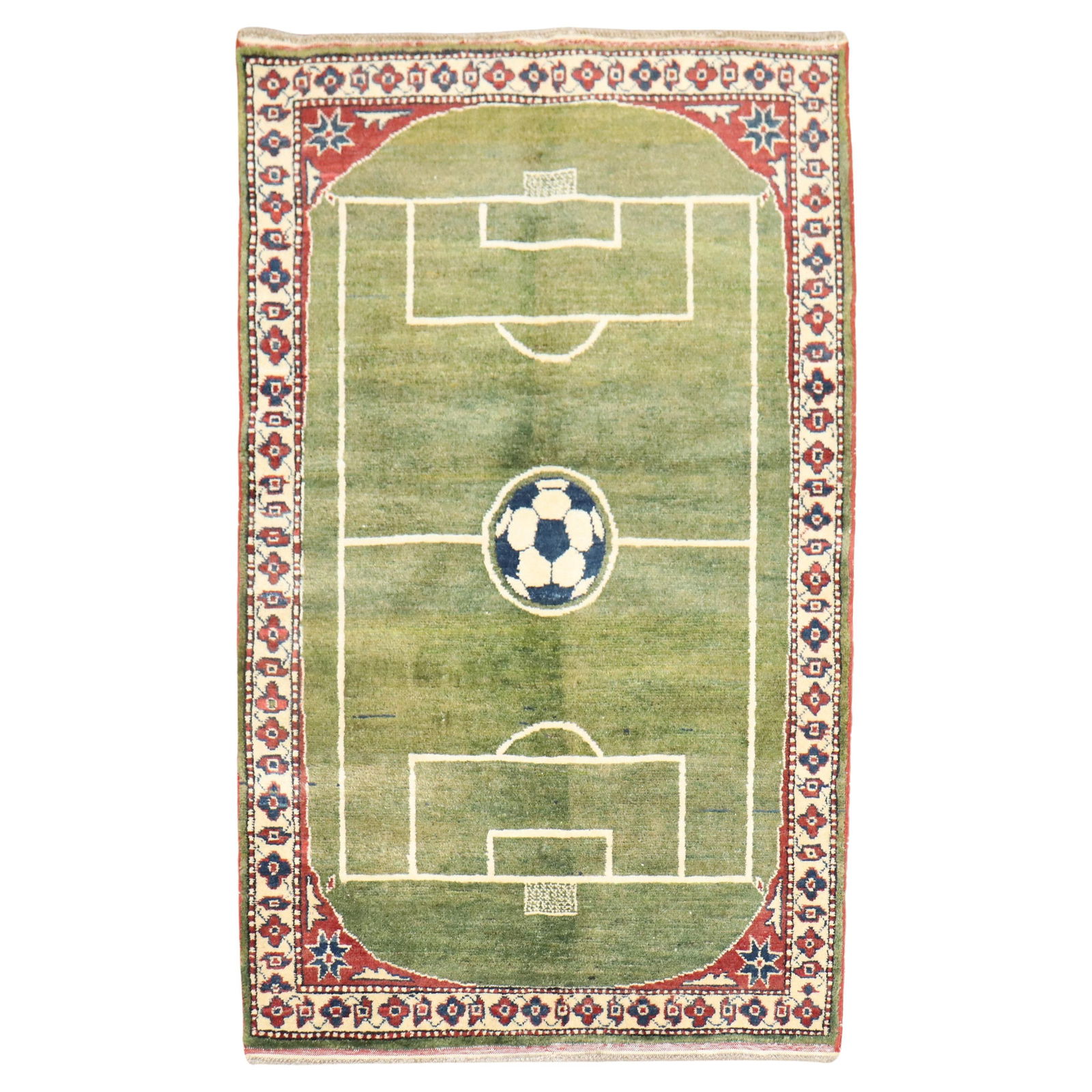 Unique Hand-Knotted Soccer Stadium Rug 31 x 48 Wool Pakistan 2015: Unique Hand-Knotted Soccer Stadium Rug 31 x 48 Wool Pakistan 2015 Experience the vibrant essence of soccer with this unique hand-knotted rug, showcasing a detailed soccer field design encircled by a t