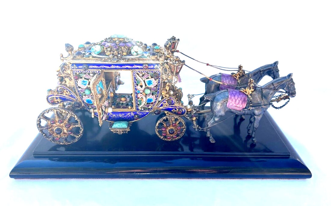 Victorian Austrian Silver Carriage Centerpiece with Emerald Coral Garnet Pearl: Victorian Austrian Silver Carriage Centerpiece with Emerald Coral Garnet Pearl This exquisite 19th century centerpiece is a stunning representation of Victorian artistry. Crafted from 800 continental