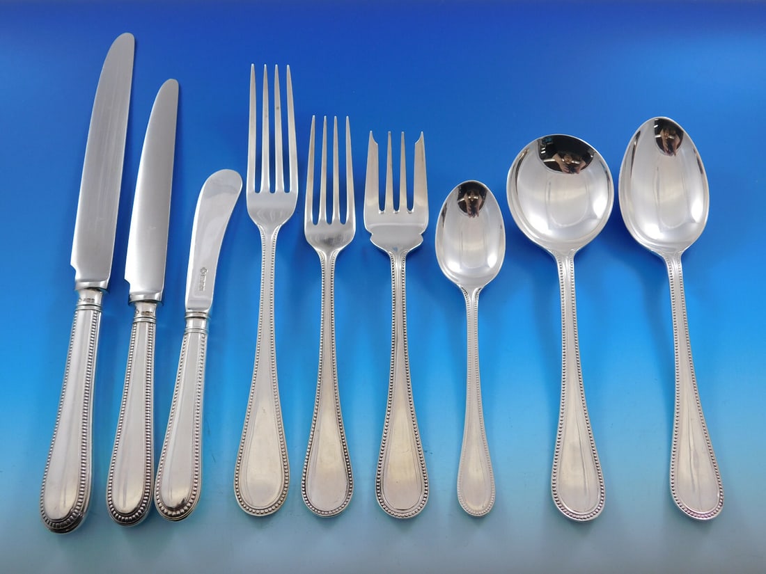 Asprey Beaded Sterling Silver Flatware Set 124 pcs Luxury Dining (1 of 12)
