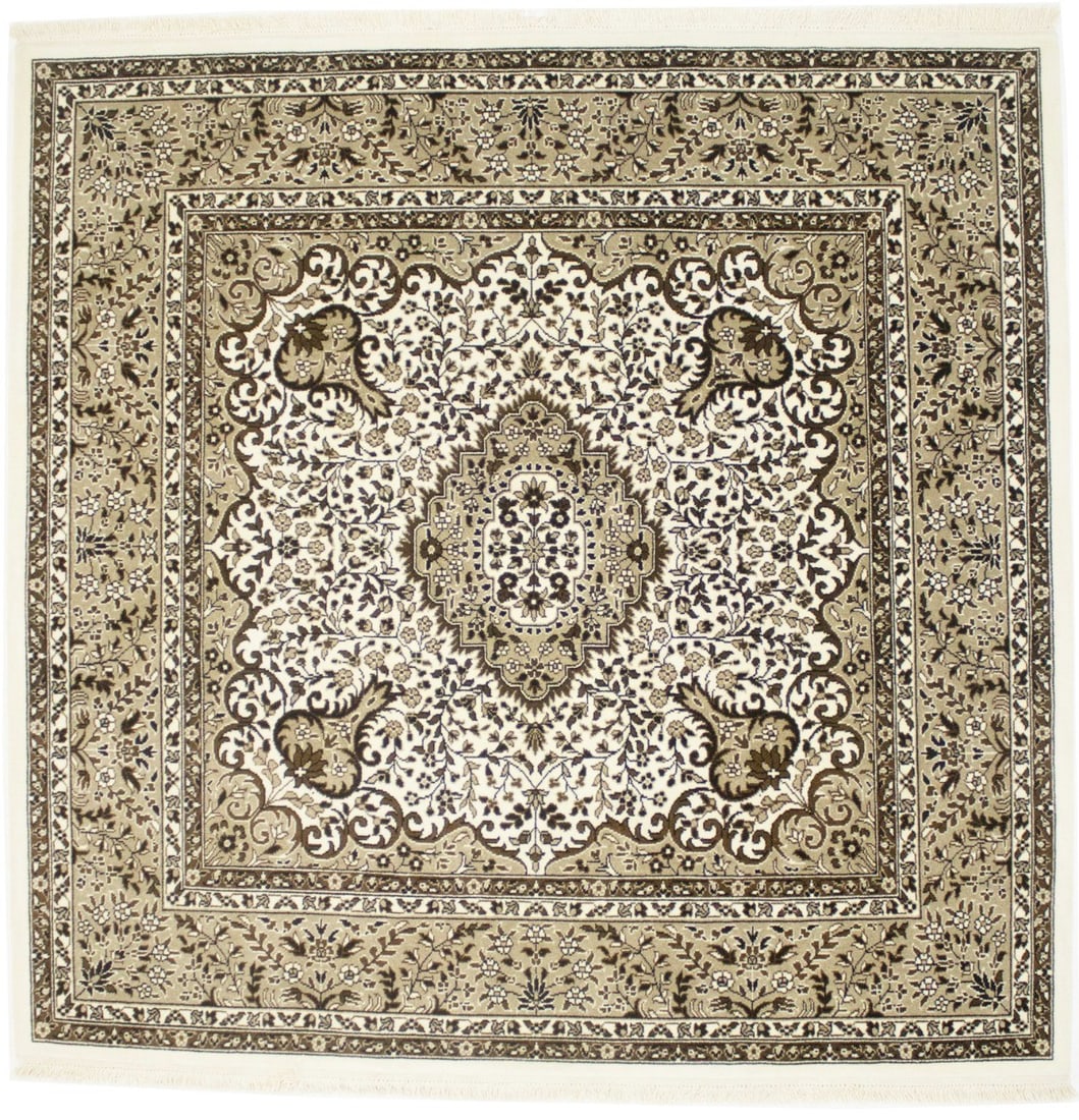 Traditional Floral Cream Wool Kirman Hand-Knotted Area Rug 6'1 x 6'3: Traditional Floral Cream Wool Kirman Hand-Knotted Area Rug 6'1 x 6'3 This hand-knotted Kirman area rug features a classic floral pattern in cream, brown, and khaki tones. Crafted in India from high-qu