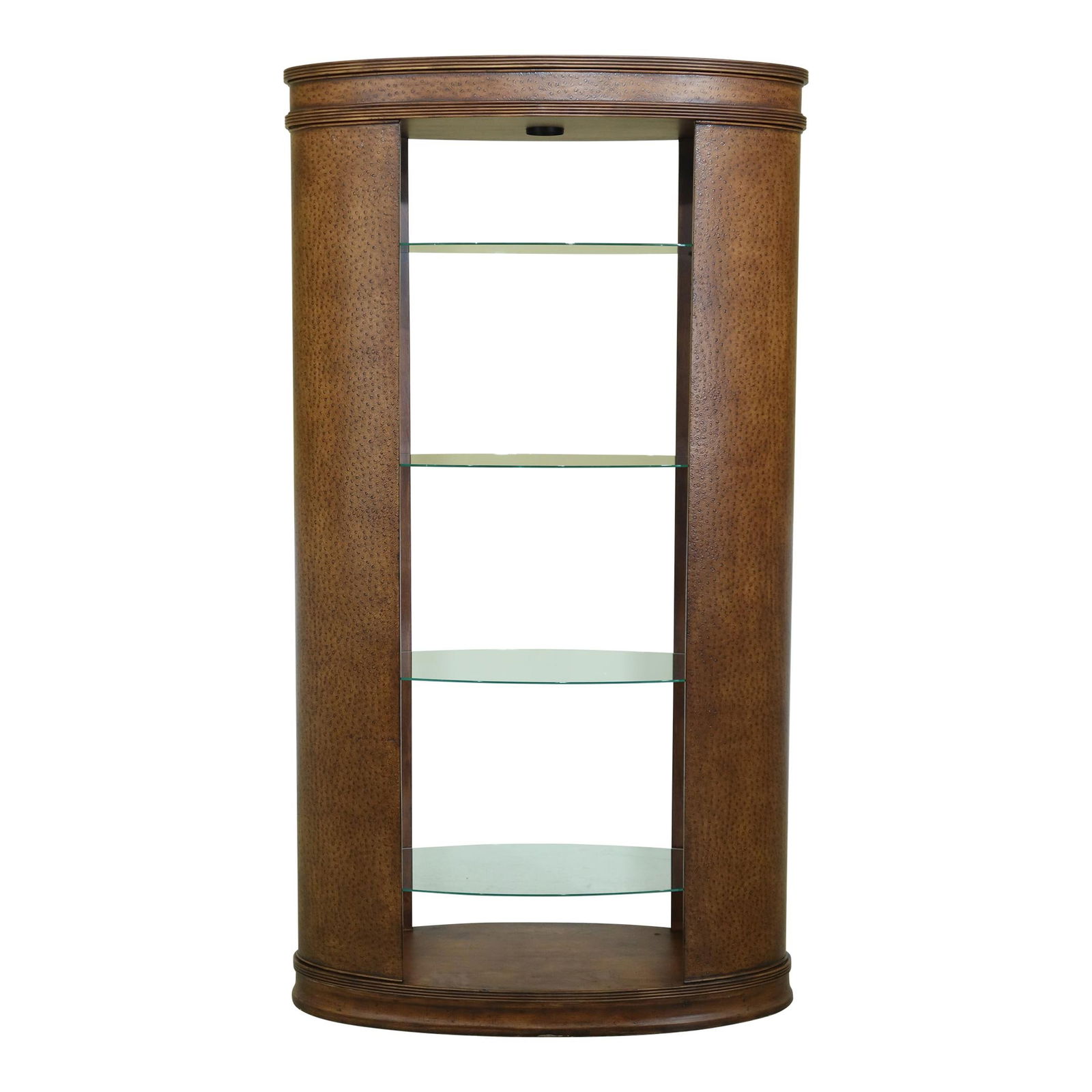 Elegant Oval Leather Wrapped Lighted Curio Shelf with Adjustable Shelves: Elegant Oval Leather Wrapped Lighted Curio Shelf with Adjustable Shelves This elegant Oval Leather Wrapped Lighted Open Curio Display Shelf features a striking ostrich print leather exterior and is ap