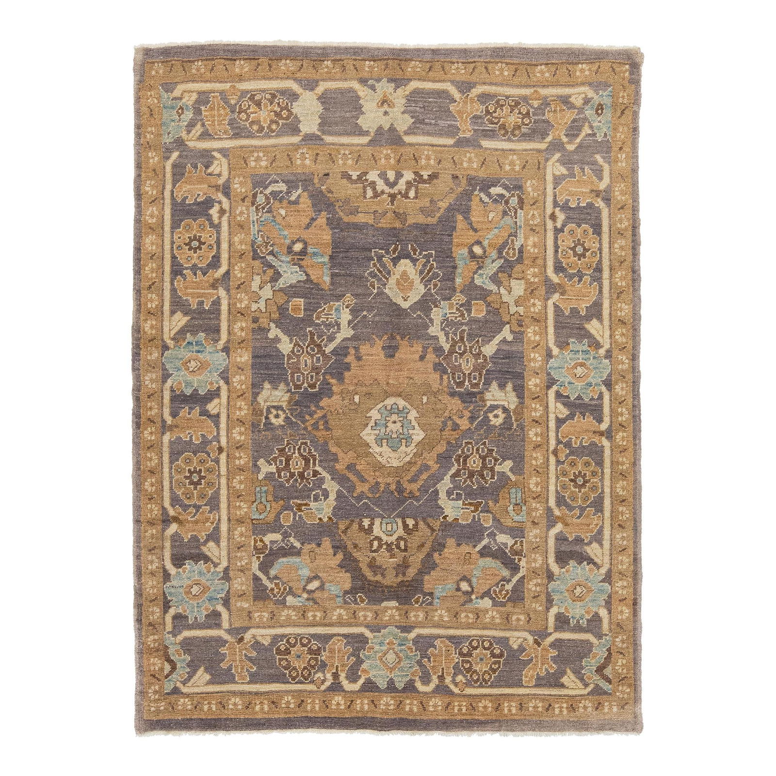 Gray Handmade Wool Rug with Modern Sultanabad Design 5'1 x 6'11: Gray Handmade Wool Rug with Modern Sultanabad Design 5'1 x 6'11 Elevate your space with this exquisite hand-knotted wool rug, featuring a captivating blue and light brown design set against a sophisti