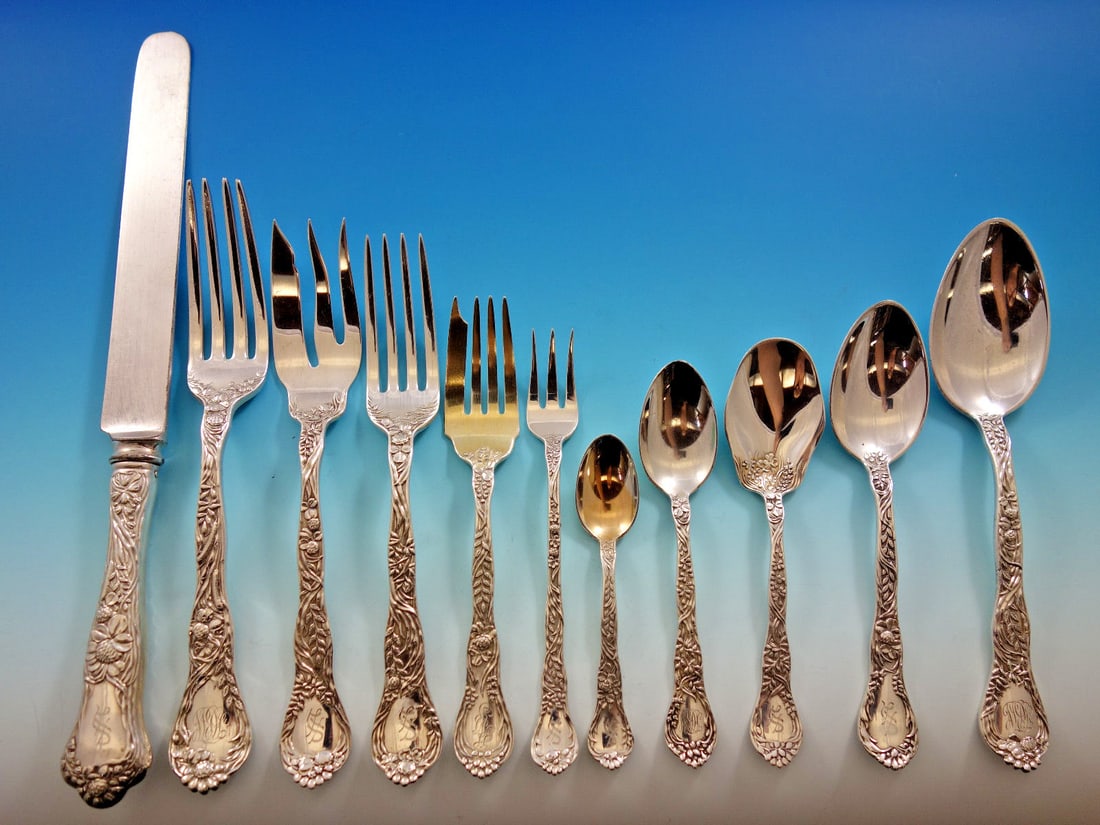 Gorham Meadow Sterling Silver Flatware Set 176 Pieces Service for 12 Art Nouveau: Gorham Meadow Sterling Silver Flatware Set 176 Pieces Service for 12 Art Nouveau Introducing the exquisite Meadow Sterling Silver Flatware Set by Gorham, a stunning collection crafted in the late 19th