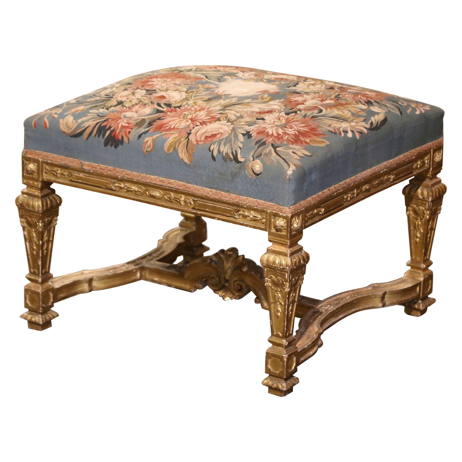 19th Century Louis XIV Giltwood Stool with Aubusson Tapestry France (1 of 9)