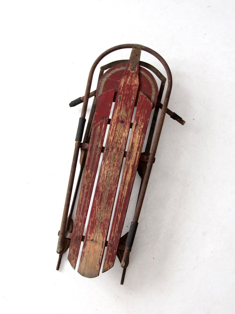 Vintage Mid Century Wooden Sled with Metal Slides Red Finish (1 of 12)