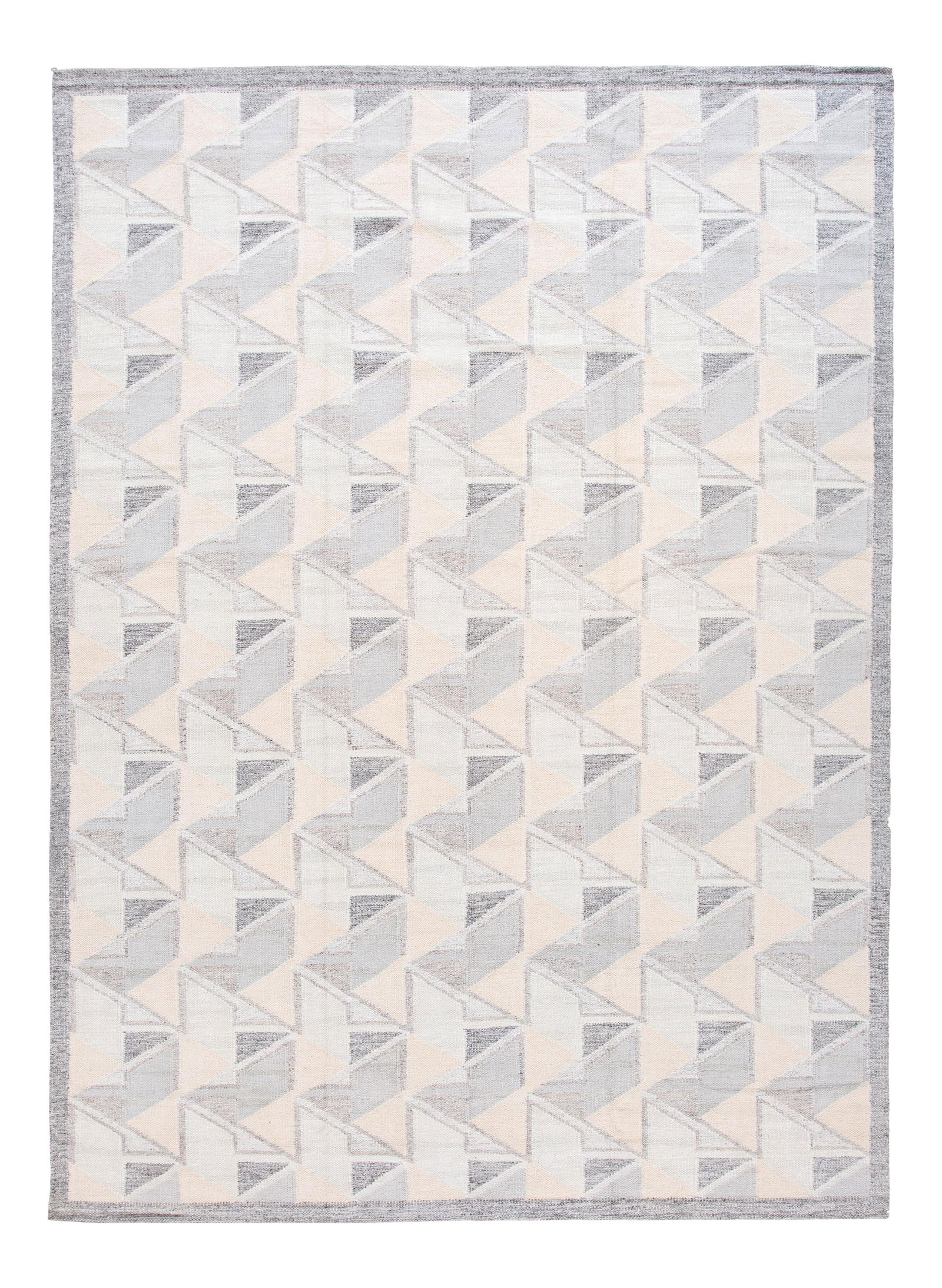 Modern Swedish Ivory Wool Rug 10' x 13'10 Geometric Design: Modern Swedish Ivory Wool Rug 10' x 13'10 Geometric Design Elevate your living space with this exquisite 21st-Century Modern Swedish hand-knotted wool rug. Featuring a sophisticated ivory field comple
