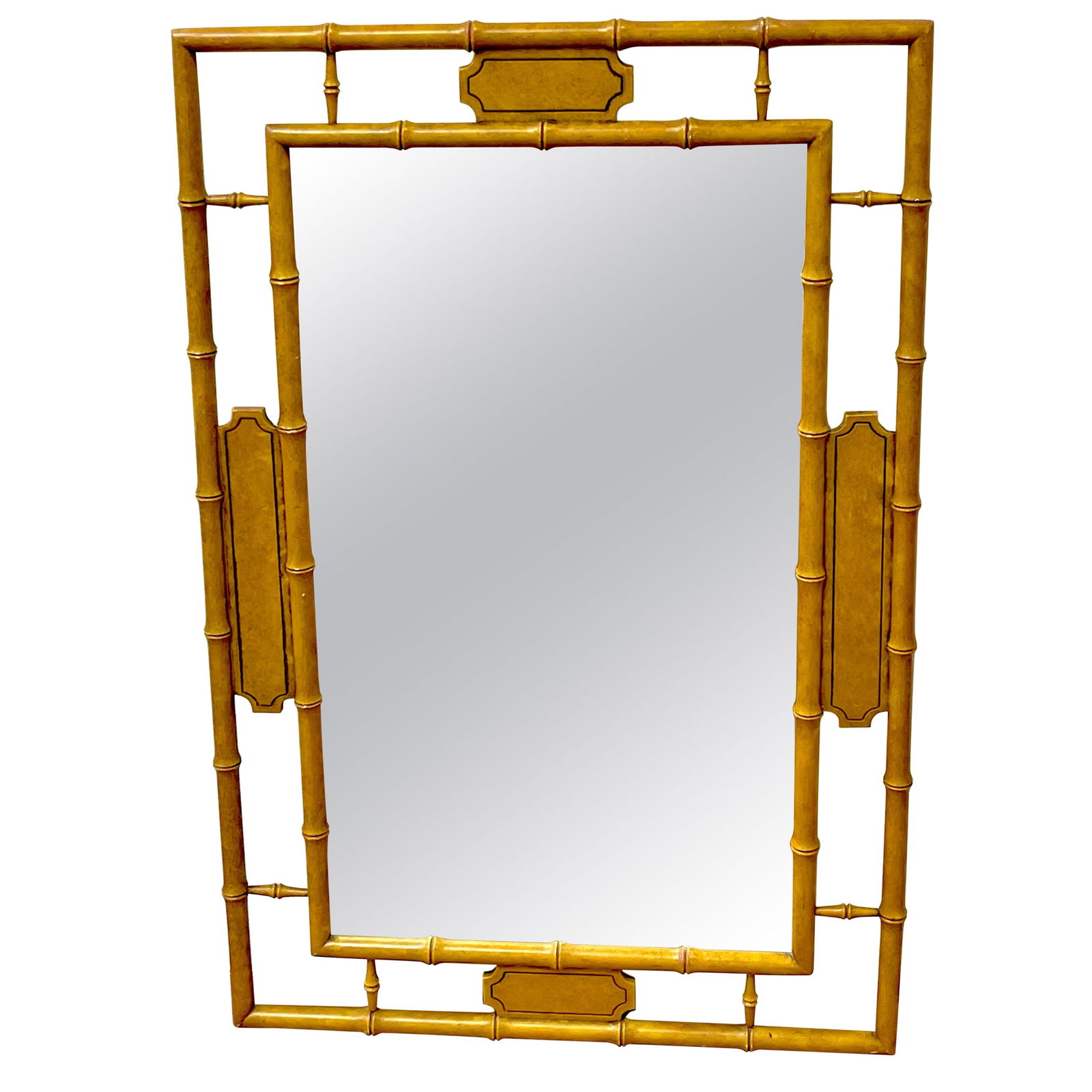 20th Century English Regency Faux Bamboo Saddle Lacquer Mirror: 20th Century English Regency Faux Bamboo Saddle Lacquer Mirror This stunning English Regency Style Faux Bamboo Saddle Lacquer Mirror is a remarkable addition to any interior space. Crafted in the 20th