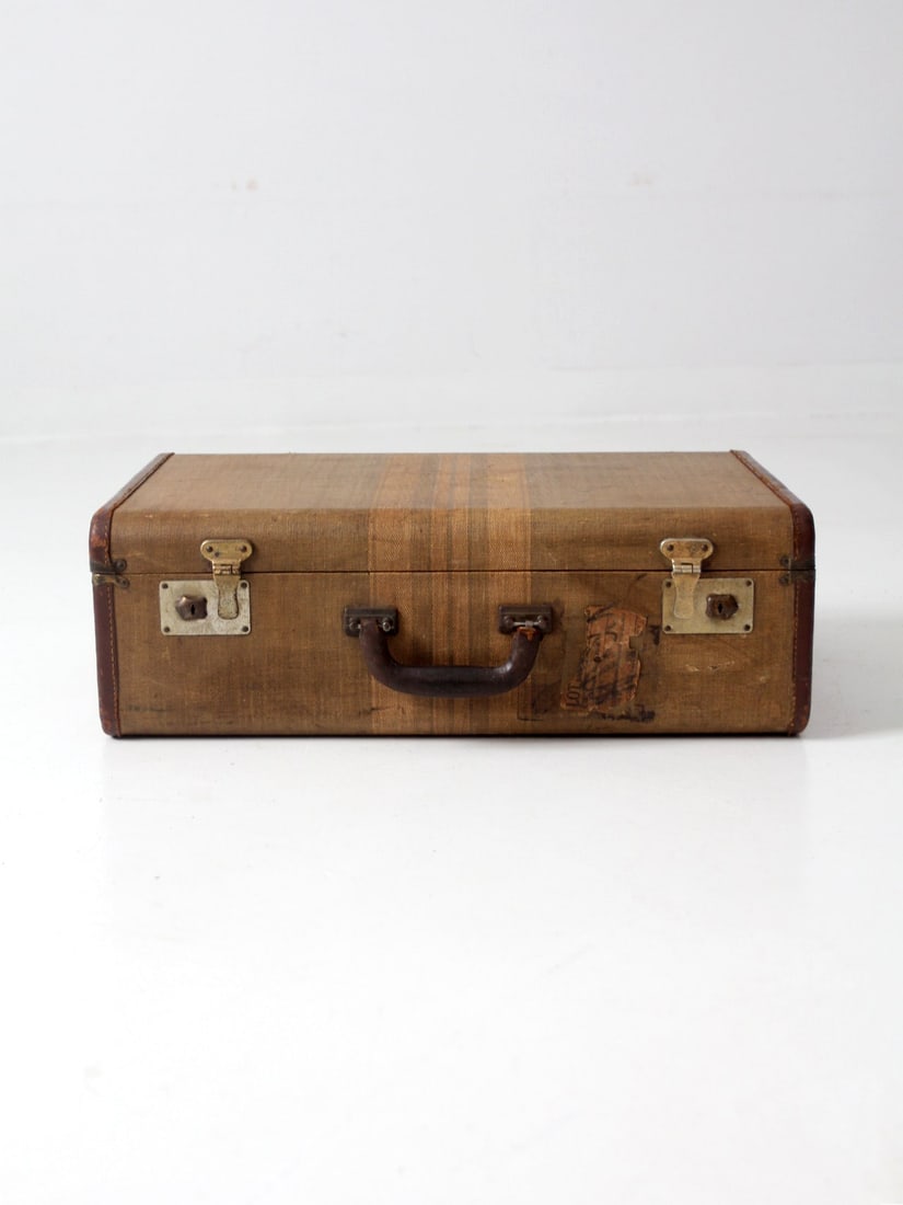 Vintage Tawny Brown Stripe Suitcase with Leather Handle (1 of 11)