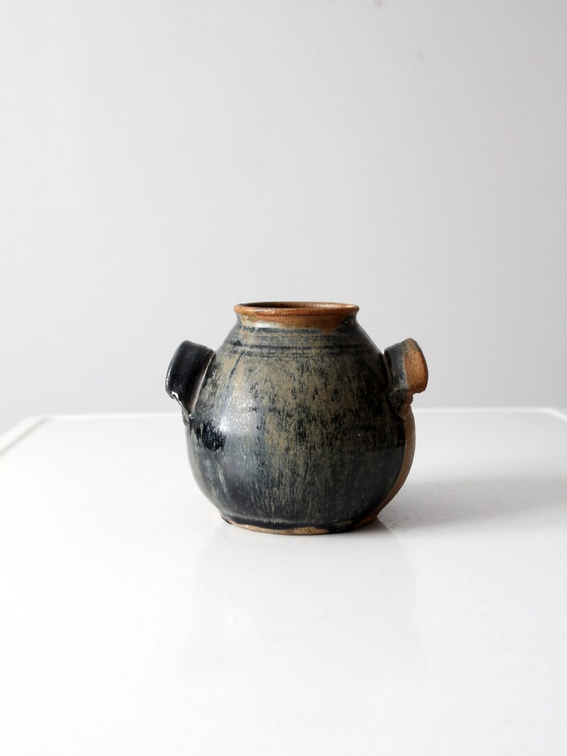 Signed Vintage Studio Pottery Vase Blue Olive Brown Glaze (1 of 12)