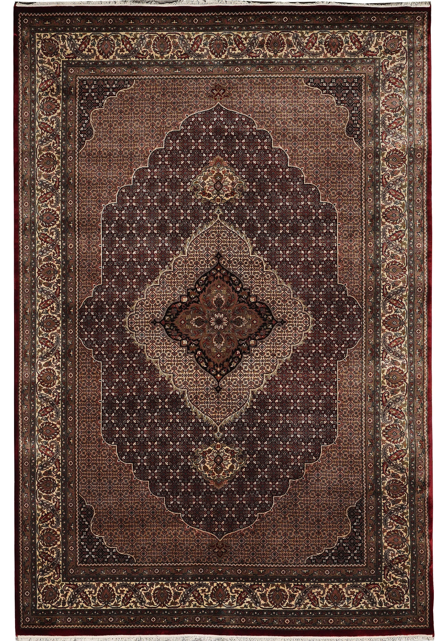 Handmade Tabriz Mahi Wool and Silk Rug 6.6 x 9.8 Ruby Burgundy: Handmade Tabriz Mahi Wool and Silk Rug 6.6 x 9.8 Ruby Burgundy Free continental US Shipping This handmade Persian Tabriz Mahi rug is crafted from a high-quality blend of wool and silk, featuring a cla