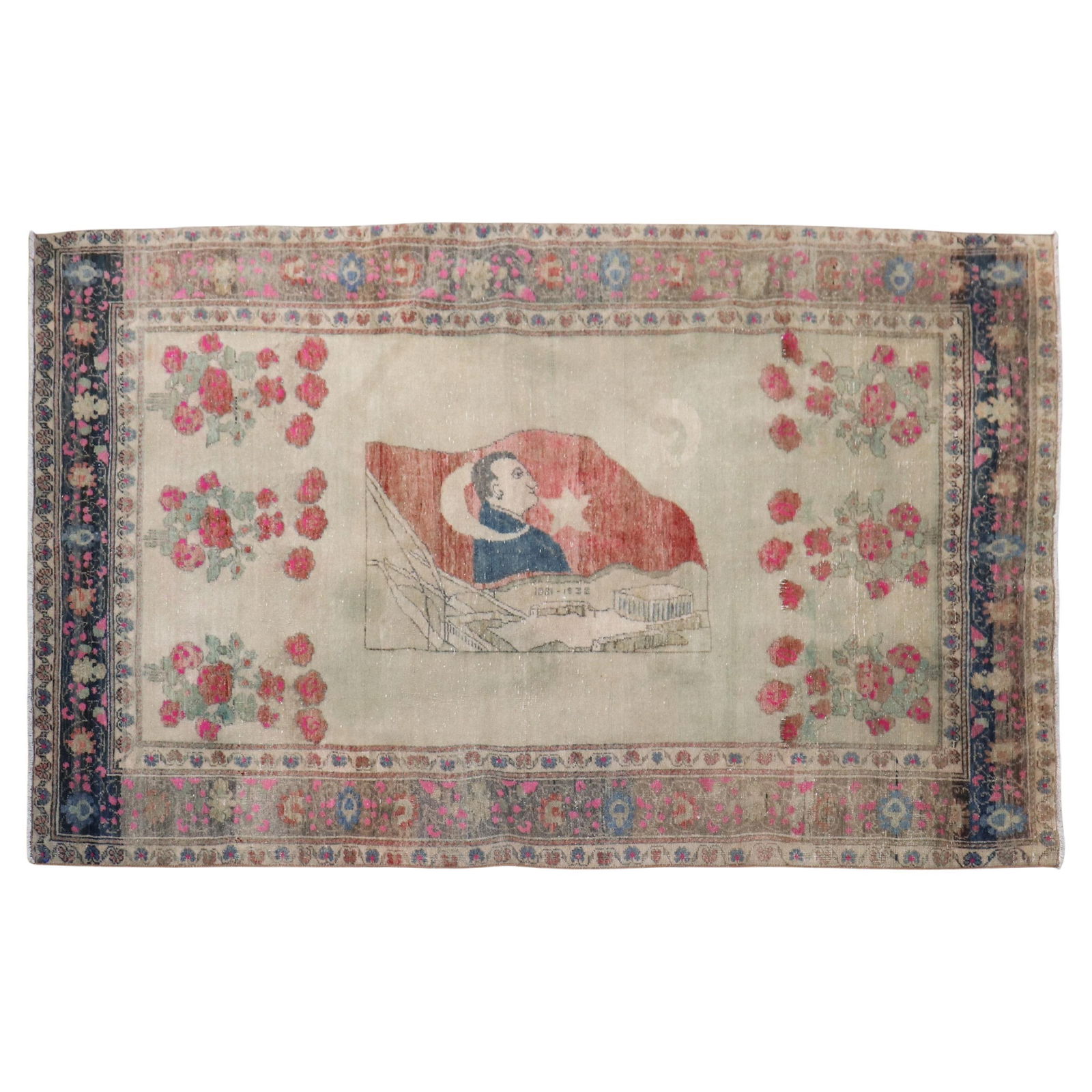 Mid-20th Century Turkish Sivas Rug Featuring Ataturk 52 x 84 Wool Hand-Knotted: Mid-20th Century Turkish Sivas Rug Featuring Ataturk 52 x 84 Wool Hand-Knotted This stunning mid-20th century Turkish Sivas rug features a detailed depiction of Mustafa Kemal Ataturk, the founding fat