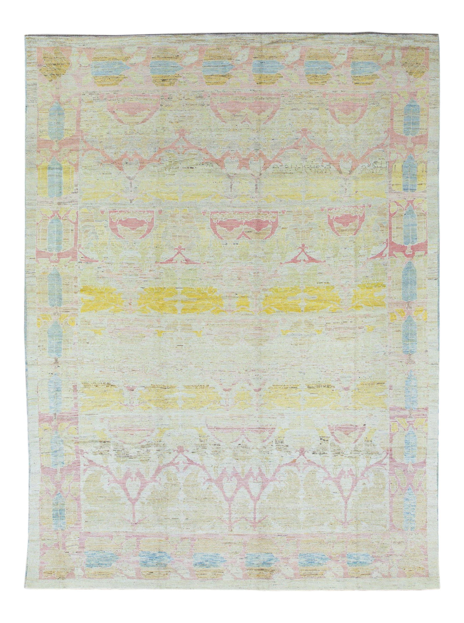 Modern Oushak Yellow Geometric Wool Rug 11' x 15'2": Modern Oushak Yellow Geometric Wool Rug 11' x 15'2" Discover the elegance of this Modern Oushak hand-knotted wool rug featuring a stunning yellow gradient field. Adorned with a geometric floral patter