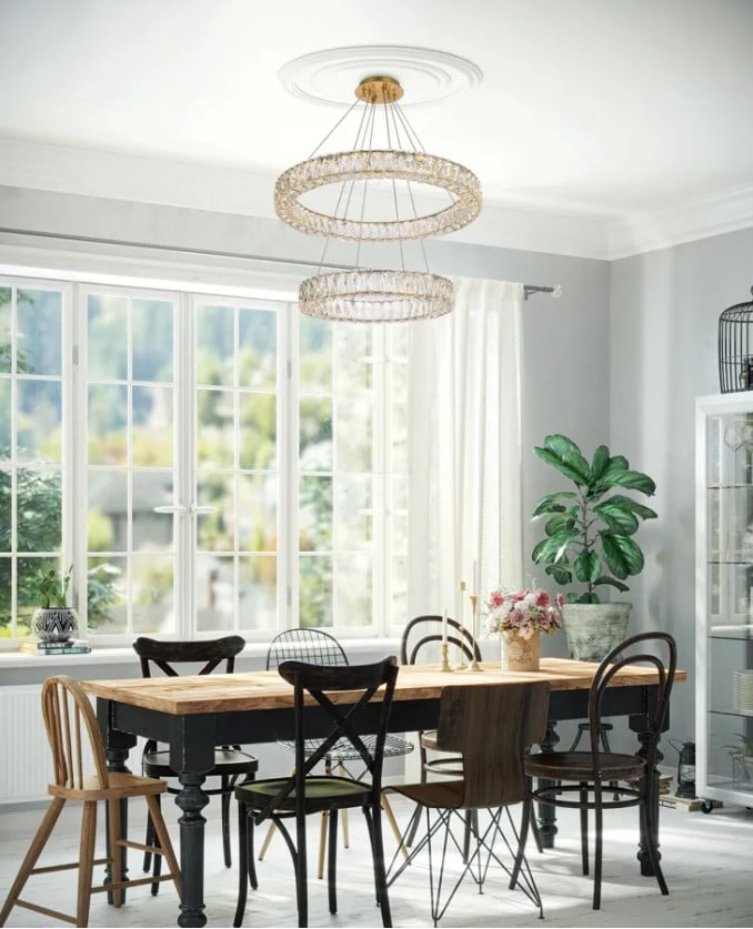 Elegant Monroe 28in Gold Crystal LED Chandelier for Modern Spaces: Elegant Monroe 28in Gold Crystal LED Chandelier for Modern Spaces Enhance your space with this stunning 28-inch modern crystal chandelier, perfect for dining rooms, living rooms, and entryways. Its go