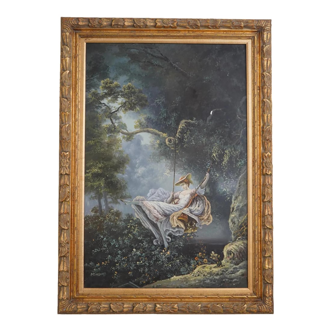 M.Henry Framed Oil Painting Lady in Swing Gold Gilt Finish 30 Years Old (1 of 10)