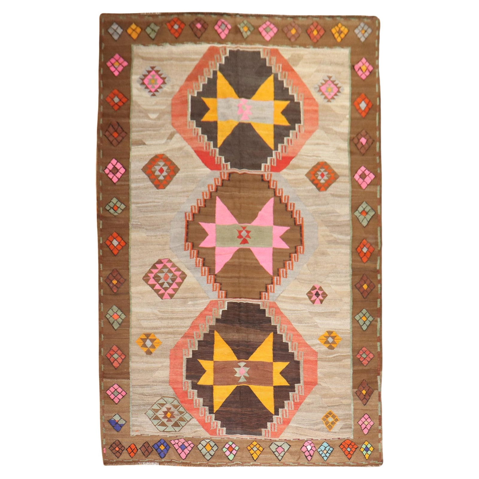 Zabihi Collection Vintage Turkish Kilim 7'6"x13'8" Wool Hand-Knotted Futurist Style: Zabihi Collection Vintage Turkish Kilim 7'6"x13'8" Wool Hand-Knotted Futurist Style Discover the vibrant charm of this Funky Vintage Turkish Kilim from the Zabihi Collection. This exceptional rug show