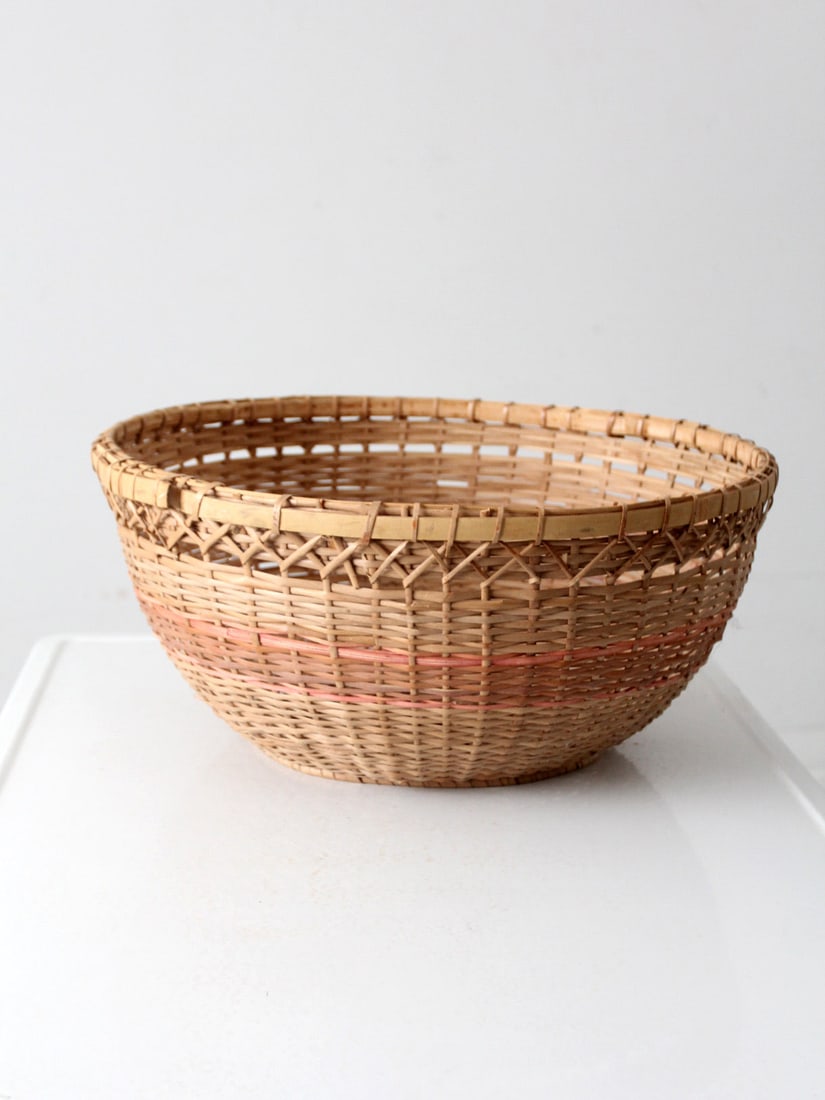 Vintage Woven Wicker Bowl with Pink Stripe 20.5 Inch (1 of 14)