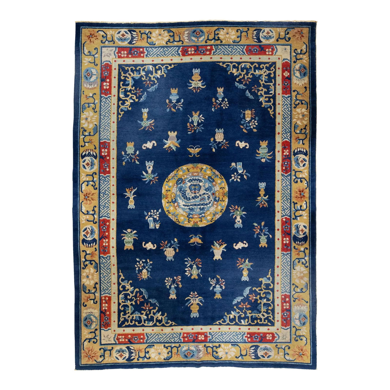 1920s Antique Peking Chinese Wool Rug Navy Blue Handmade: 1920s Antique Peking Chinese Wool Rug Navy Blue Handmade This exquisite antique Peking Chinese wool rug from the 1920s showcases a rich navy blue field, elegantly framed by a decorative border and vib