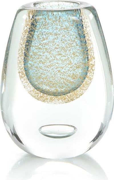 John-Richard Hand-Blown Blue Gold Flecked Vase 8H x 6W x 2.5D: John-Richard Hand-Blown Blue Gold Flecked Vase 8H x 6W x 2.5D This stunning blue vase showcases a unique hand-blown design with elegant gold flecks, perfect for enhancing any decor. With a height of 8
