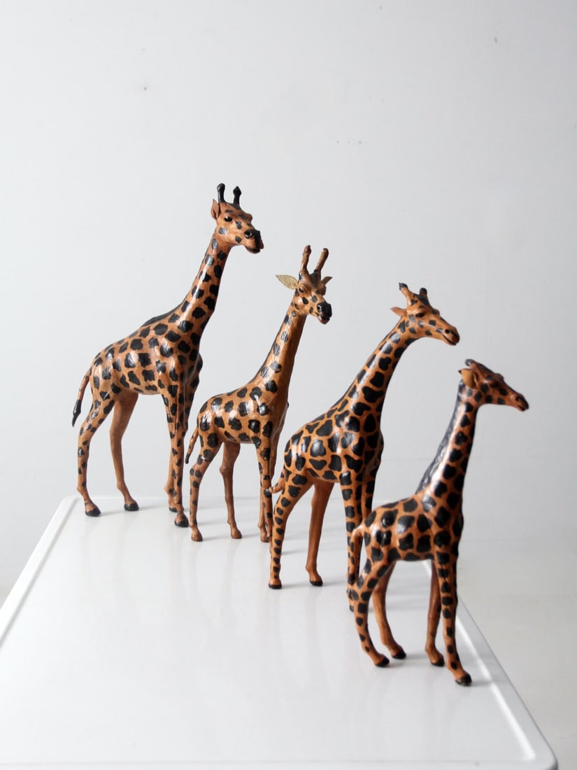 Set of 4 Vintage Leather Giraffe Sculptures with Glass Eyes (1 of 10)
