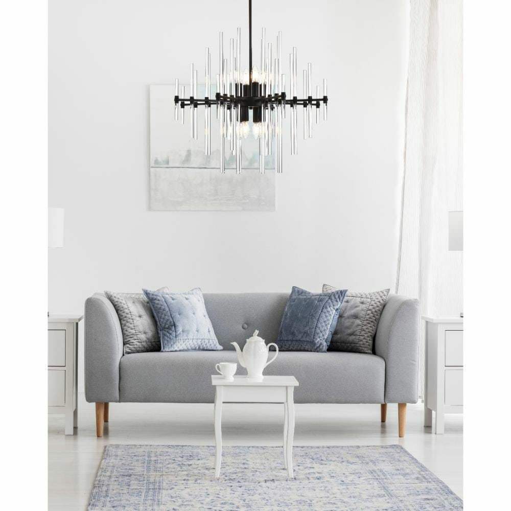 Sienna Modern Black 8 Light Chandelier With Clear Glass Rods and Adjustable Height: Sienna Modern Black 8 Light Chandelier With Clear Glass Rods and Adjustable Height This modern Sputnik-style chandelier features a black frame with clear glass rods and accommodates eight lights. The