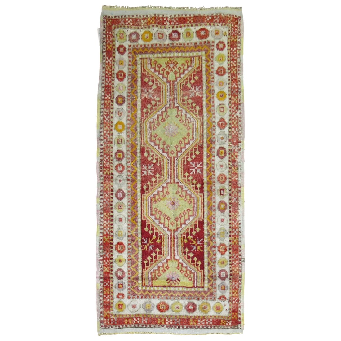 Vibrant Vintage Turkish Oushak Throw Rug 32 x 64 Wool Red Green: Vibrant Vintage Turkish Oushak Throw Rug 32 x 64 Wool Red Green This stunning vintage Turkish Anatolian throw rug features a vibrant bright red and green color palette, showcasing the exquisite crafts