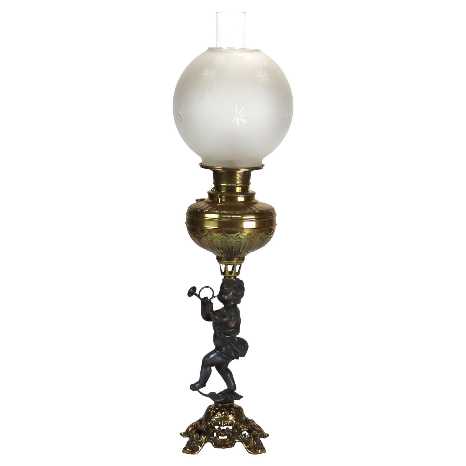Late 19th Century Cherub and Horn Metal Oil Lamp with Etched Glass Shade (1 of 13)