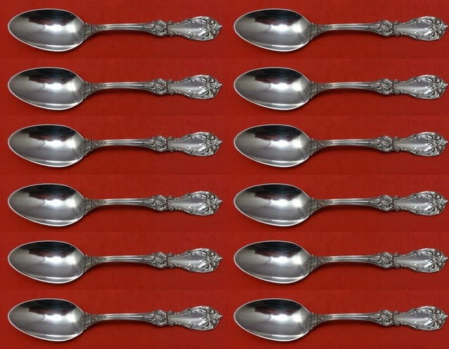 Reed and Barton Burgundy Sterling Silver Soup Spoon Set 12 pcs: Reed and Barton Burgundy Sterling Silver Soup Spoon Set 12 pcs This exquisite 12-piece set of place soup spoons by Reed & Barton features the elegant Burgundy pattern. Each spoon measures 7 3/8" and i